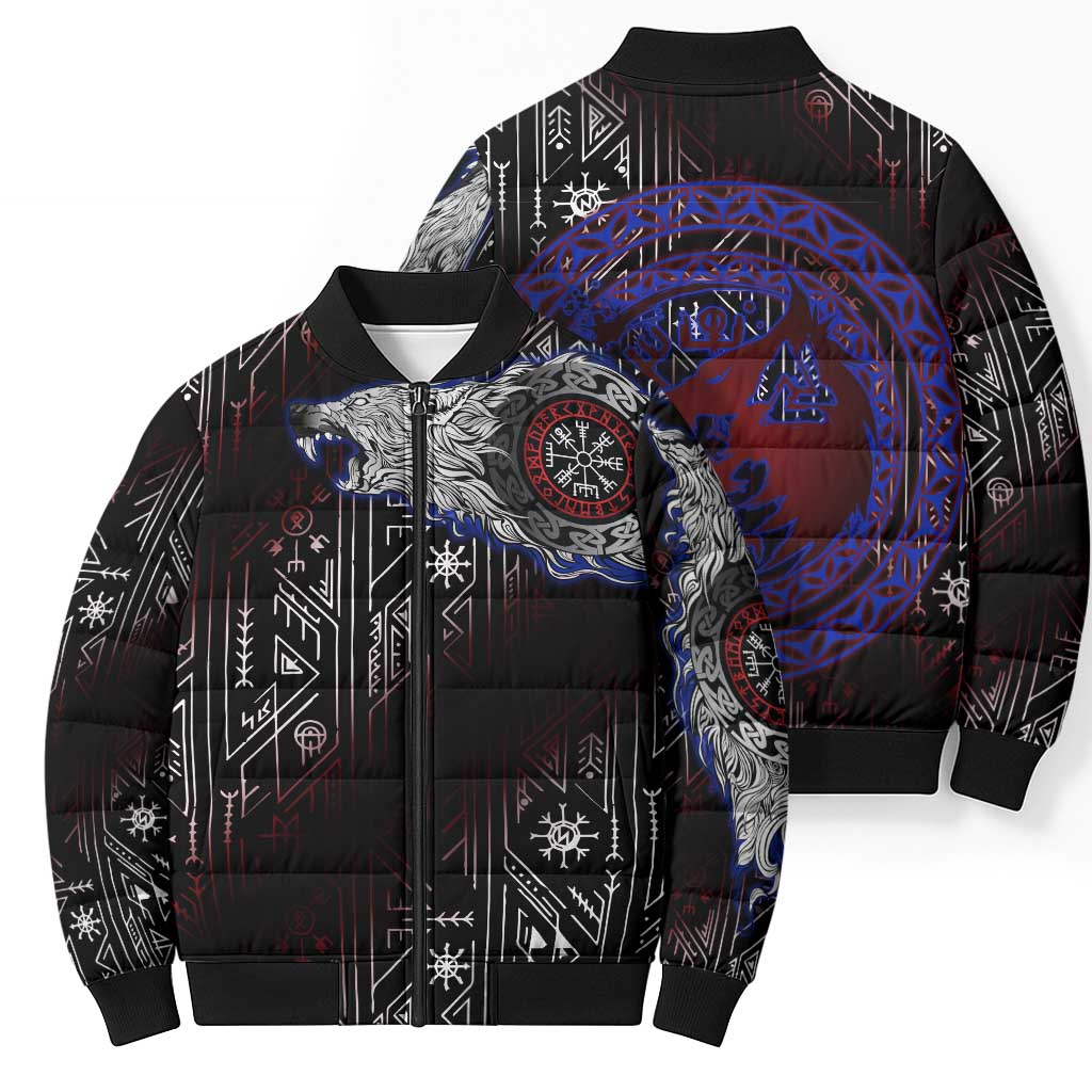 Fenrir Wolf Viking Bomber Puffer Jacket with Vegvisir Runes and Red Circle Norse Legend Tribute - Wonder Print Shop