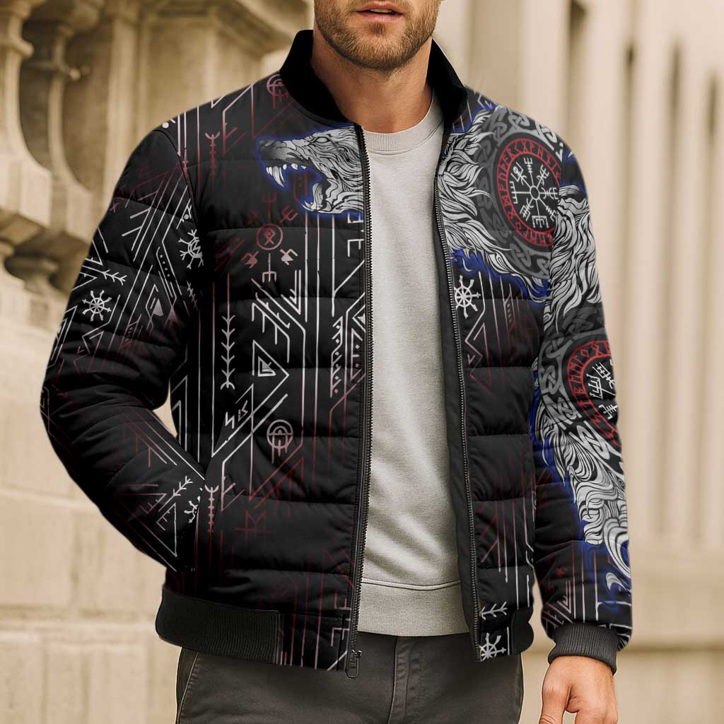 Fenrir Wolf Viking Bomber Puffer Jacket with Vegvisir Runes and Red Circle Norse Legend Tribute - Wonder Print Shop