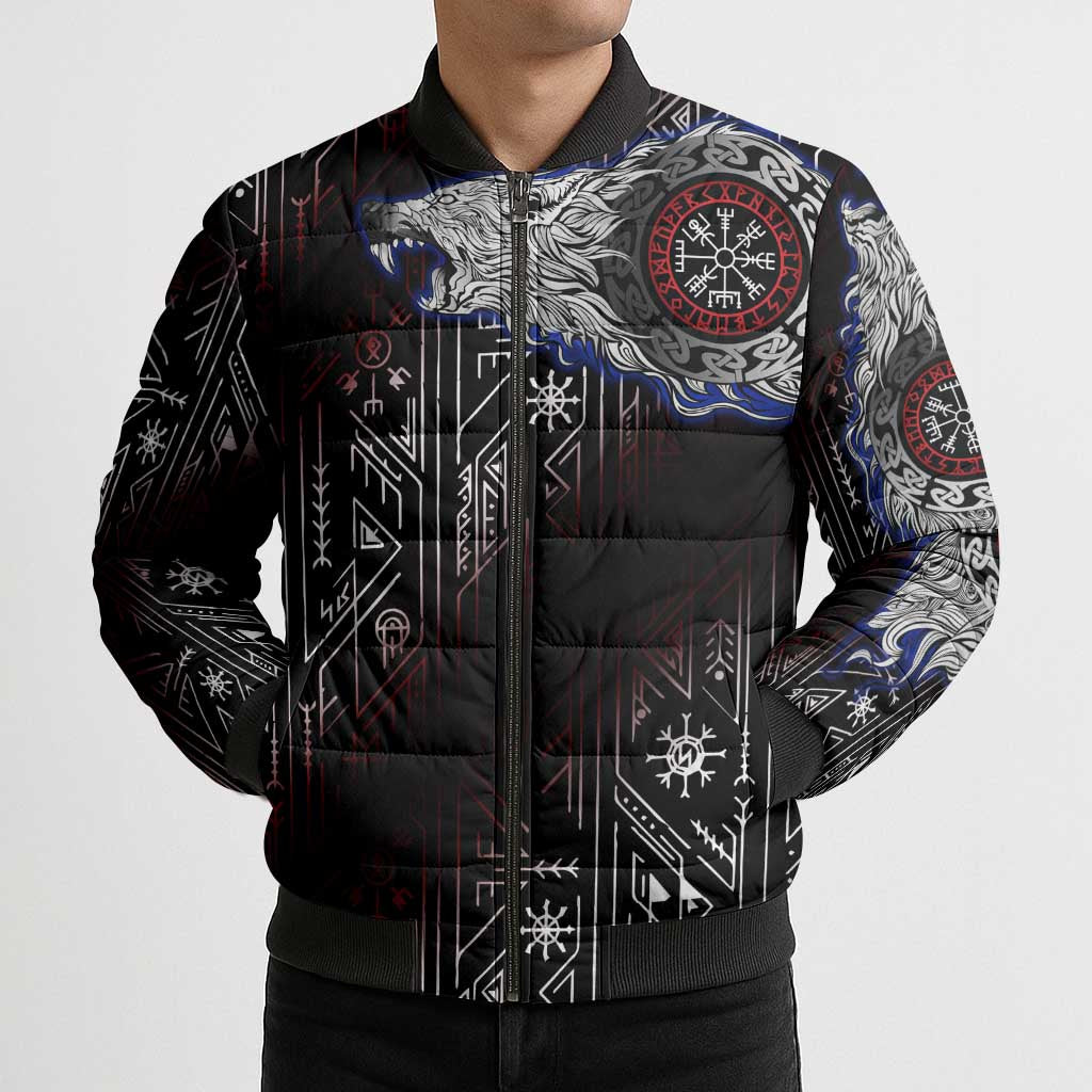 Fenrir Wolf Viking Bomber Puffer Jacket with Vegvisir Runes and Red Circle Norse Legend Tribute - Wonder Print Shop
