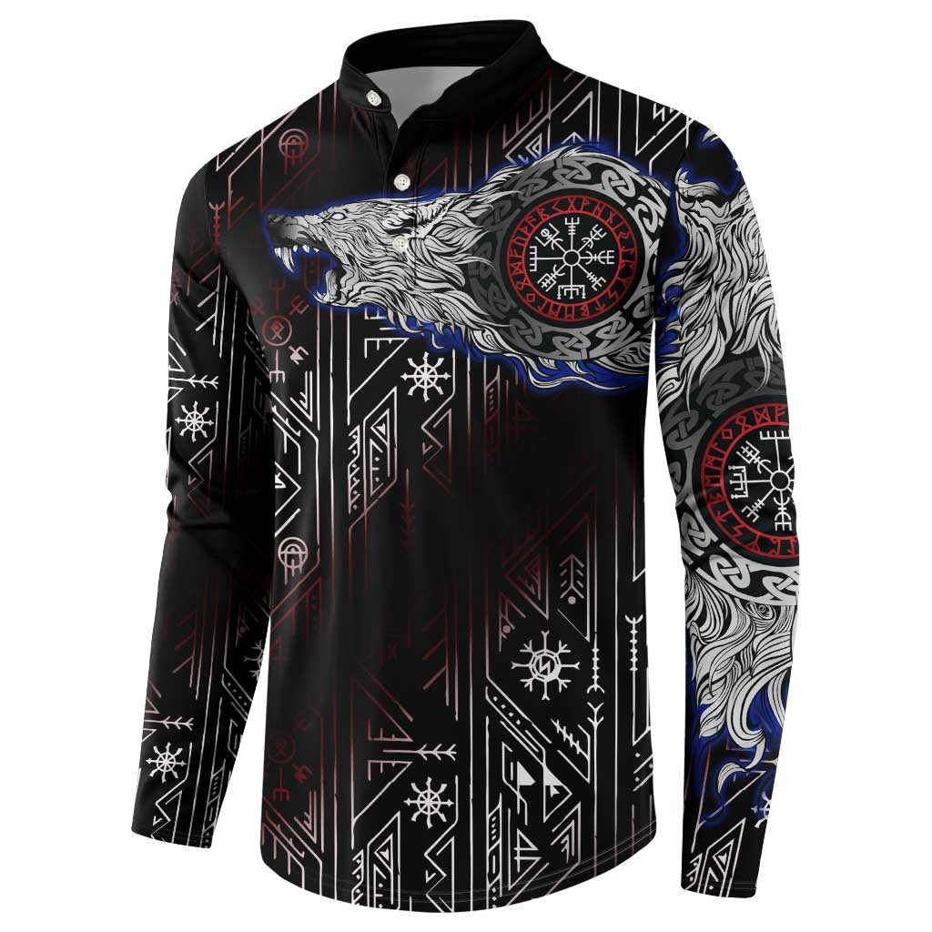 Fenrir Wolf Viking Button Sweatshirt with Vegvisir Runes and Red Circle Norse Legend Tribute - Wonder Print Shop