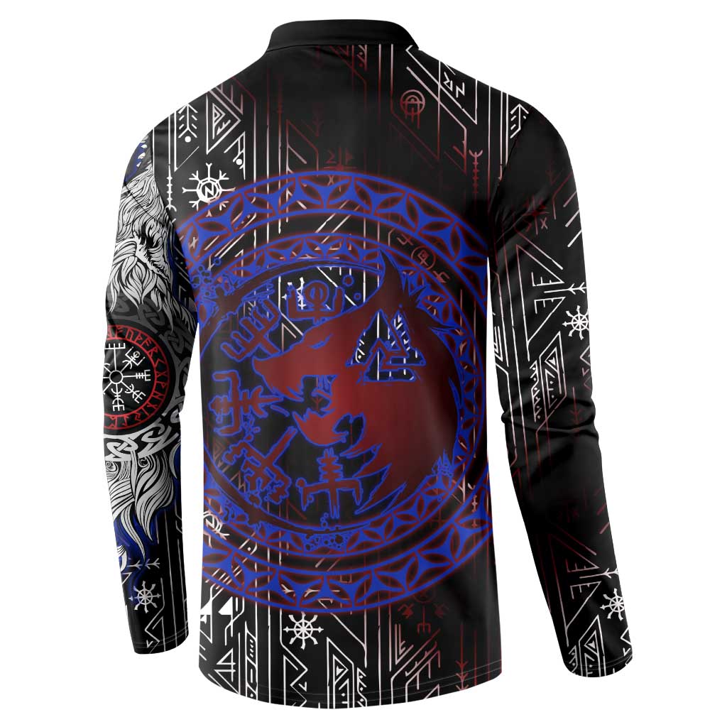 Fenrir Wolf Viking Button Sweatshirt with Vegvisir Runes and Red Circle Norse Legend Tribute - Wonder Print Shop