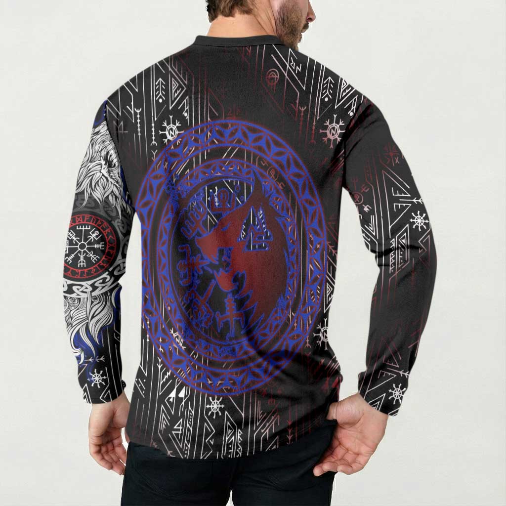 Fenrir Wolf Viking Button Sweatshirt with Vegvisir Runes and Red Circle Norse Legend Tribute - Wonder Print Shop