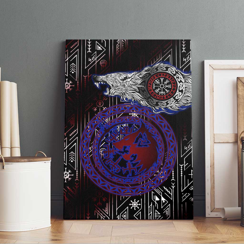 Fenrir Wolf Viking Canvas Wall Art with Vegvisir Runes and Red Circle Norse Legend Tribute - Wonder Print Shop