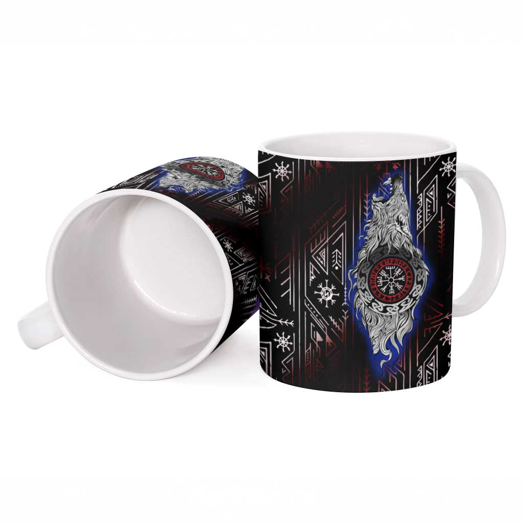 Fenrir Wolf Viking Ceramic Mug with Vegvisir Runes and Red Circle Norse Legend Tribute - Wonder Print Shop