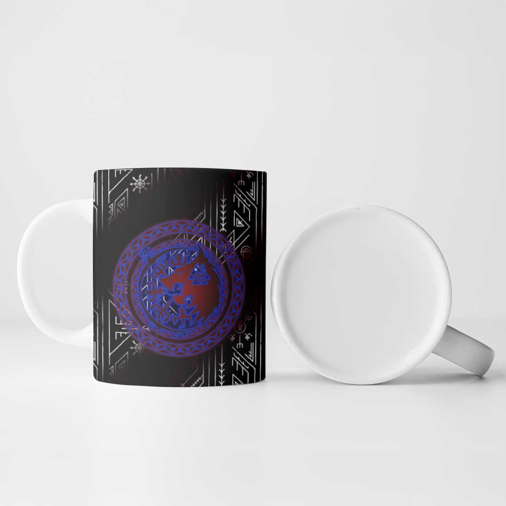 Fenrir Wolf Viking Ceramic Mug with Vegvisir Runes and Red Circle Norse Legend Tribute - Wonder Print Shop