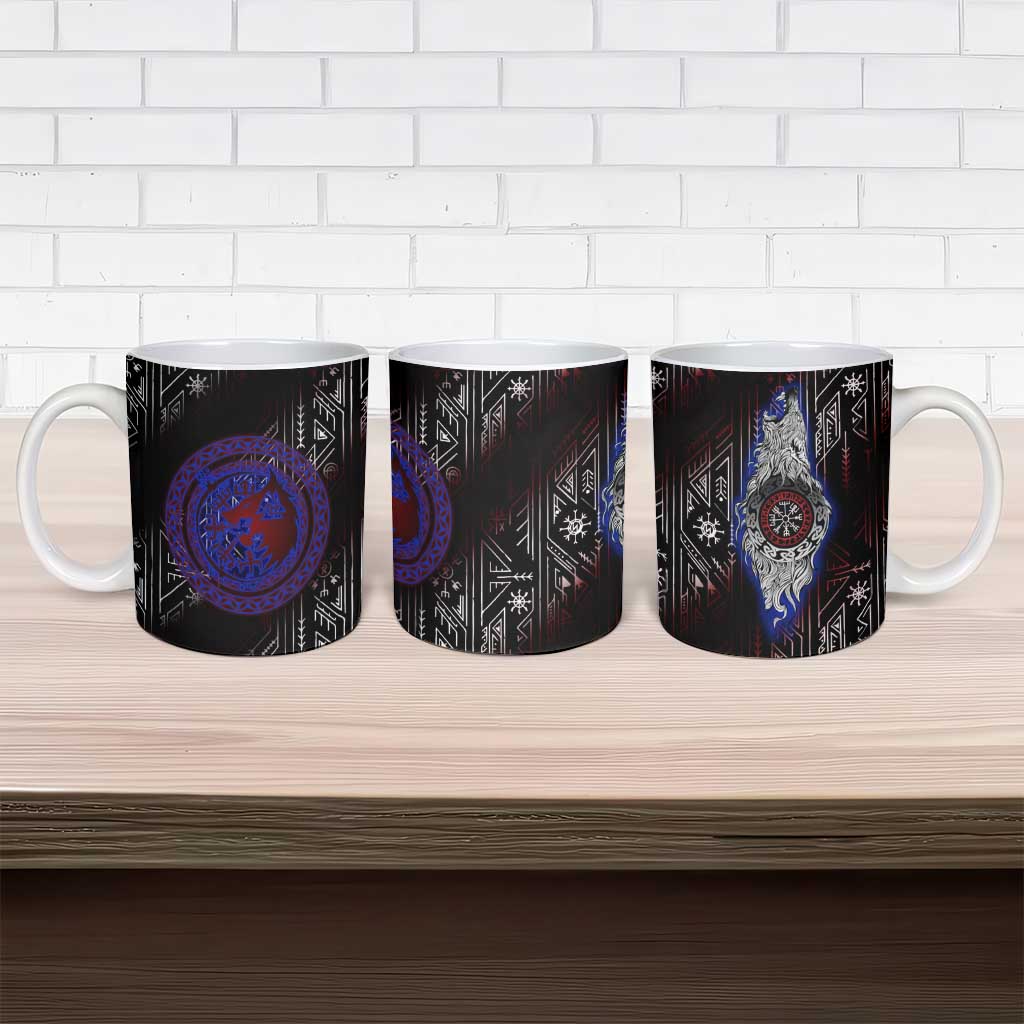 Fenrir Wolf Viking Ceramic Mug with Vegvisir Runes and Red Circle Norse Legend Tribute - Wonder Print Shop