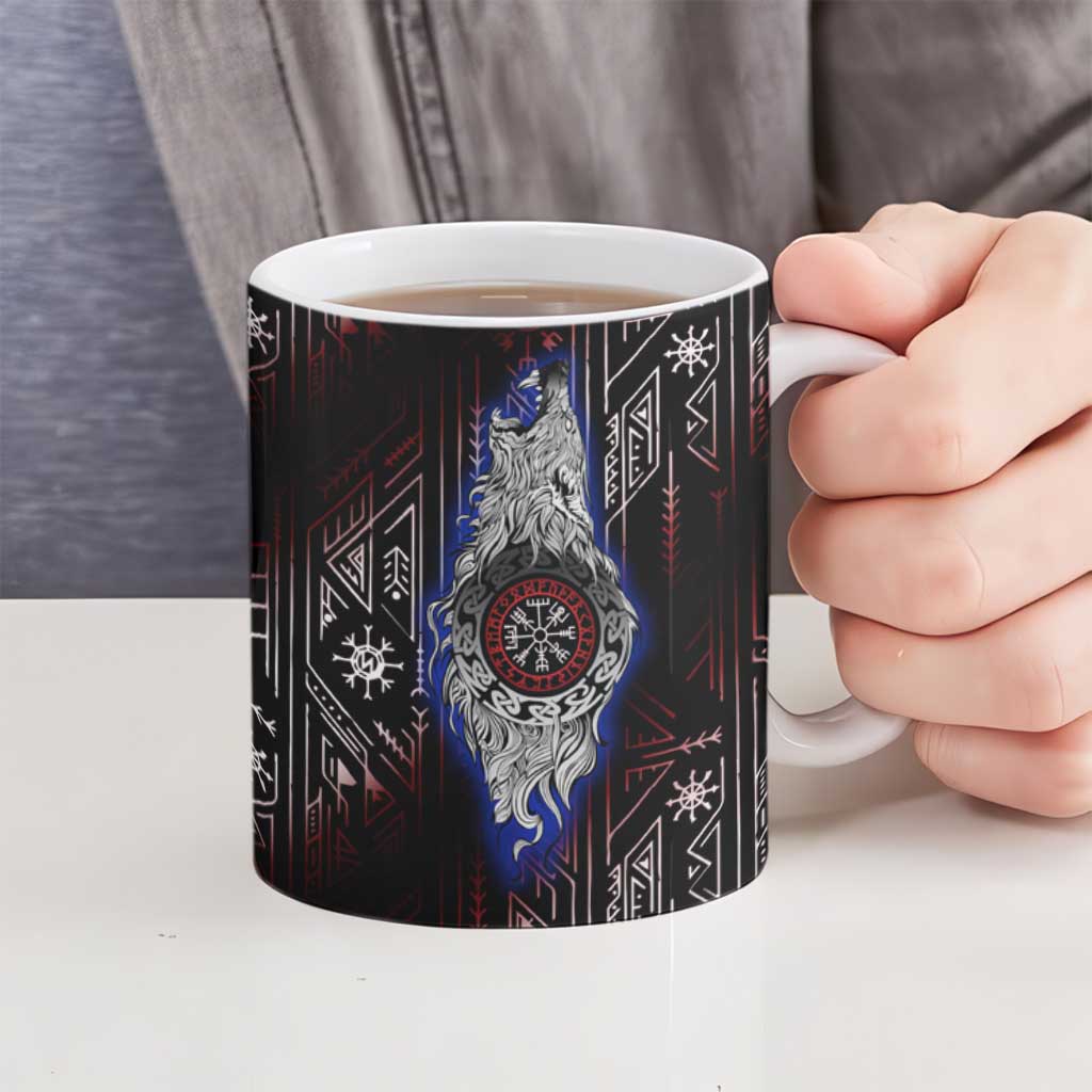 Fenrir Wolf Viking Ceramic Mug with Vegvisir Runes and Red Circle Norse Legend Tribute - Wonder Print Shop