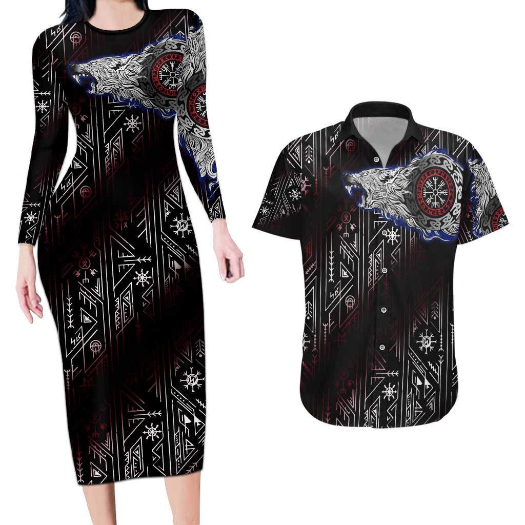 Fenrir Wolf Viking Couples Matching Long Sleeve Bodycon Dress and Hawaiian Shirt with Vegvisir Runes and Red Circle Norse Legend Tribute - Wonder Print Shop