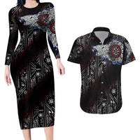 Fenrir Wolf Viking Couples Matching Long Sleeve Bodycon Dress and Hawaiian Shirt with Vegvisir Runes and Red Circle Norse Legend Tribute - Wonder Print Shop
