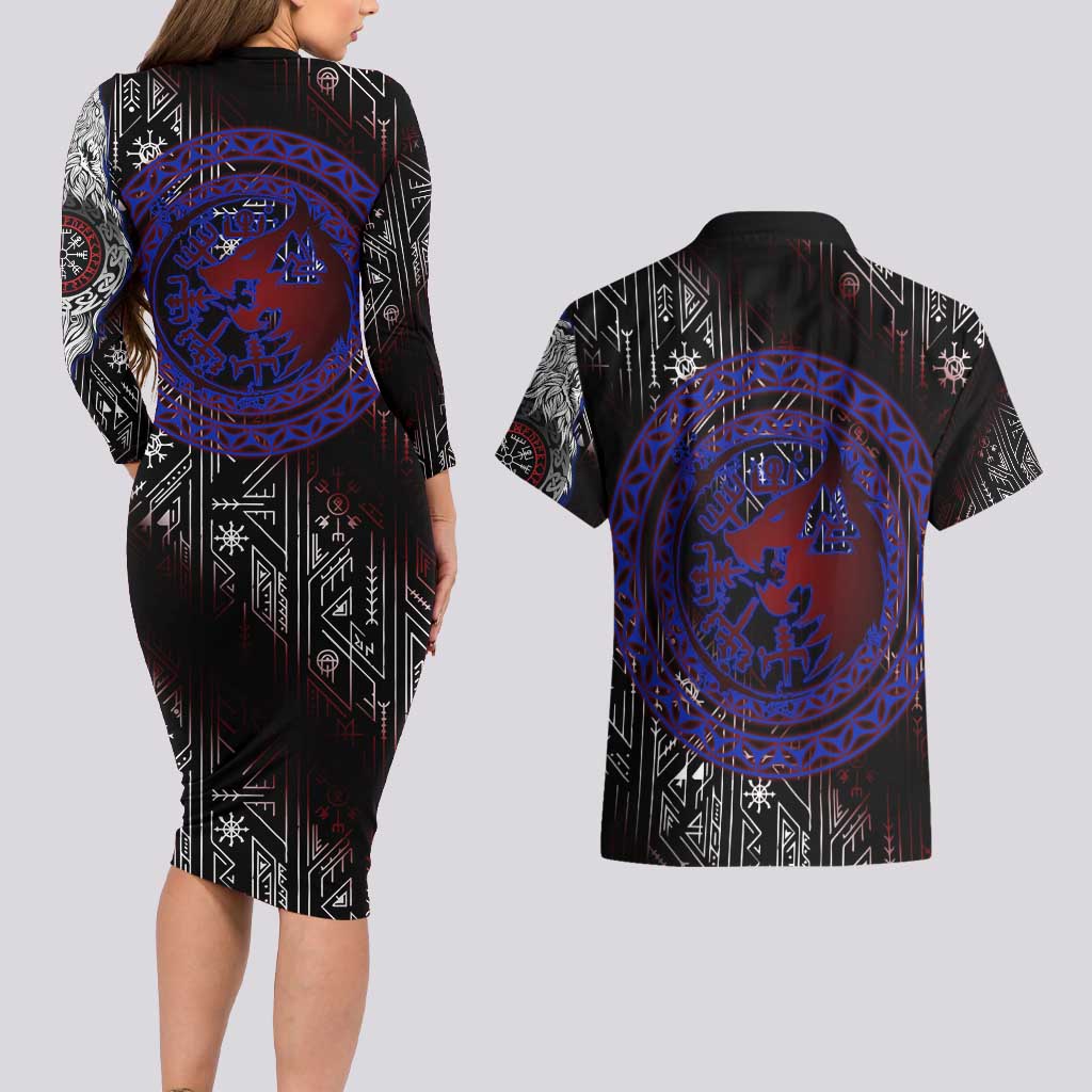 Fenrir Wolf Viking Couples Matching Long Sleeve Bodycon Dress and Hawaiian Shirt with Vegvisir Runes and Red Circle Norse Legend Tribute - Wonder Print Shop