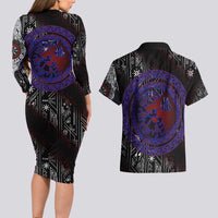 Fenrir Wolf Viking Couples Matching Long Sleeve Bodycon Dress and Hawaiian Shirt with Vegvisir Runes and Red Circle Norse Legend Tribute - Wonder Print Shop