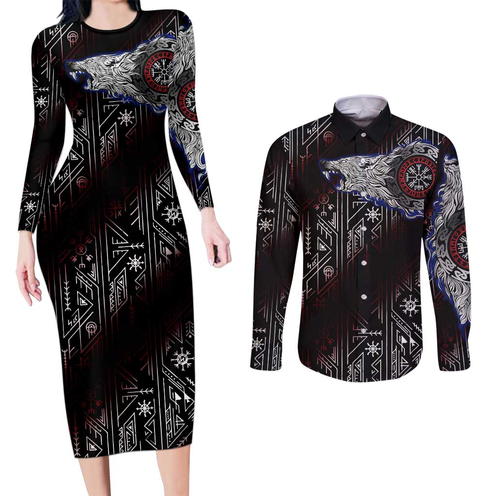 Fenrir Wolf Viking Couples Matching Long Sleeve Bodycon Dress and Long Sleeve Button Shirt with Vegvisir Runes and Red Circle Norse Legend Tribute - Wonder Print Shop