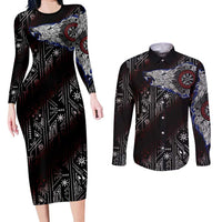 Fenrir Wolf Viking Couples Matching Long Sleeve Bodycon Dress and Long Sleeve Button Shirt with Vegvisir Runes and Red Circle Norse Legend Tribute - Wonder Print Shop