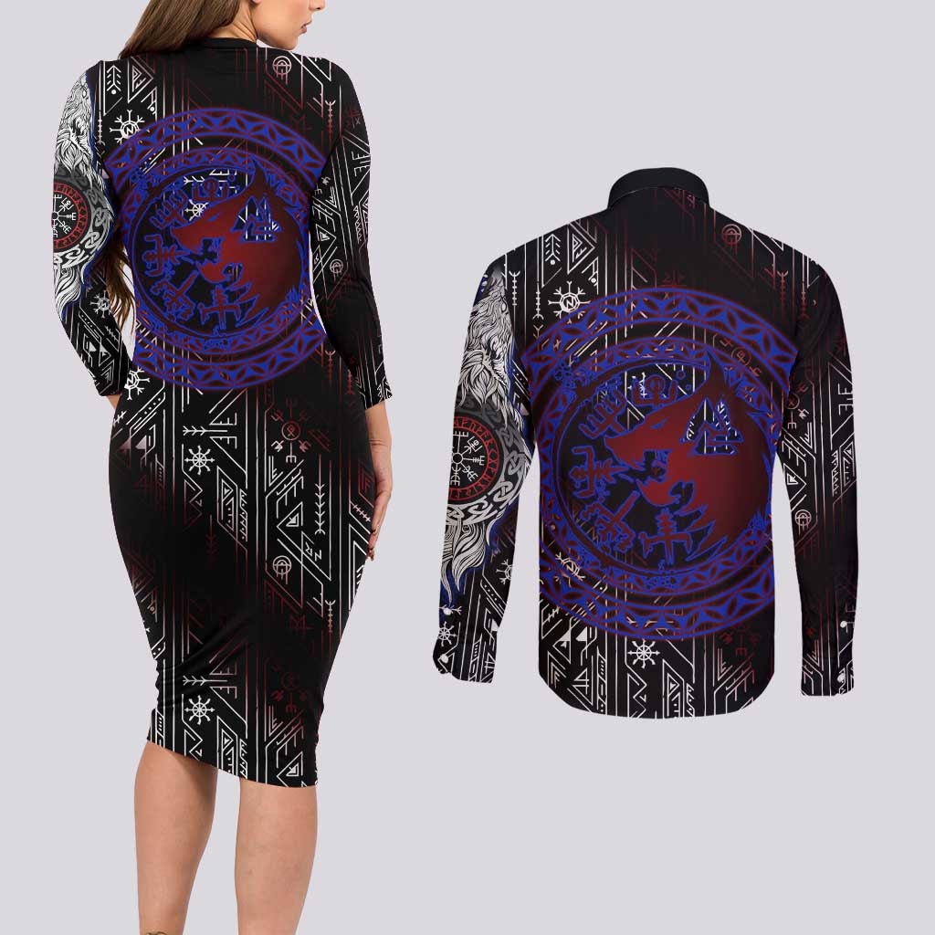 Fenrir Wolf Viking Couples Matching Long Sleeve Bodycon Dress and Long Sleeve Button Shirt with Vegvisir Runes and Red Circle Norse Legend Tribute - Wonder Print Shop