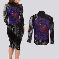 Fenrir Wolf Viking Couples Matching Long Sleeve Bodycon Dress and Long Sleeve Button Shirt with Vegvisir Runes and Red Circle Norse Legend Tribute - Wonder Print Shop