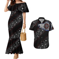 Fenrir Wolf Viking Couples Matching Mermaid Dress and Hawaiian Shirt with Vegvisir Runes and Red Circle Norse Legend Tribute - Wonder Print Shop