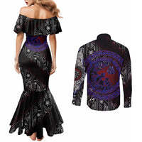 Fenrir Wolf Viking Couples Matching Mermaid Dress and Long Sleeve Button Shirt with Vegvisir Runes and Red Circle Norse Legend Tribute - Wonder Print Shop