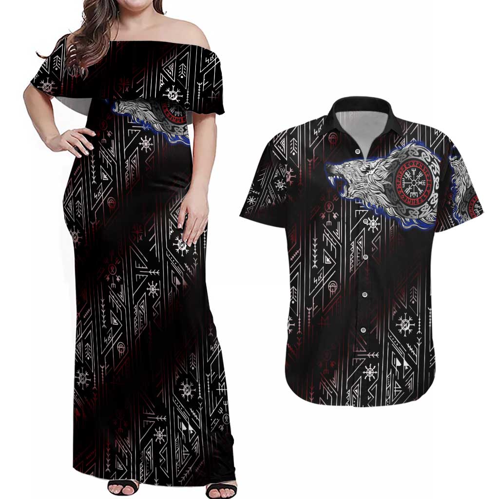 Fenrir Wolf Viking Couples Matching Off Shoulder Maxi Dress and Hawaiian Shirt with Vegvisir Runes and Red Circle Norse Legend Tribute - Wonder Print Shop
