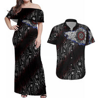 Fenrir Wolf Viking Couples Matching Off Shoulder Maxi Dress and Hawaiian Shirt with Vegvisir Runes and Red Circle Norse Legend Tribute - Wonder Print Shop