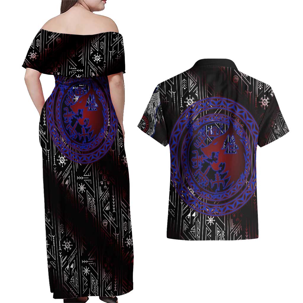 Fenrir Wolf Viking Couples Matching Off Shoulder Maxi Dress and Hawaiian Shirt with Vegvisir Runes and Red Circle Norse Legend Tribute - Wonder Print Shop