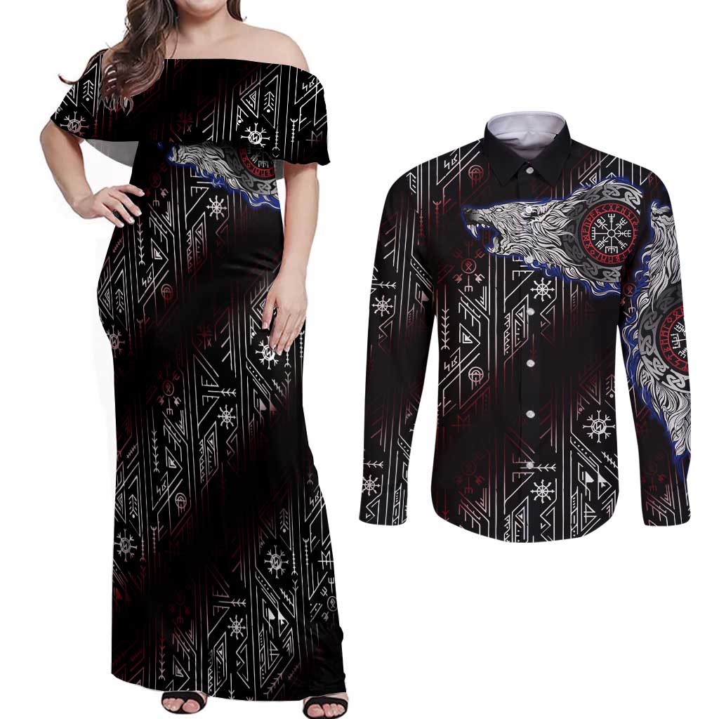 Fenrir Wolf Viking Couples Matching Off Shoulder Maxi Dress and Long Sleeve Button Shirt with Vegvisir Runes and Red Circle Norse Legend Tribute - Wonder Print Shop