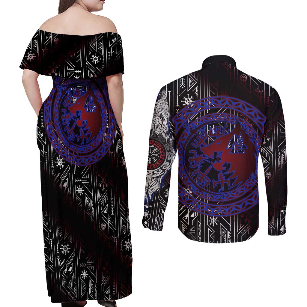 Fenrir Wolf Viking Couples Matching Off Shoulder Maxi Dress and Long Sleeve Button Shirt with Vegvisir Runes and Red Circle Norse Legend Tribute - Wonder Print Shop