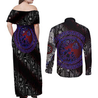 Fenrir Wolf Viking Couples Matching Off Shoulder Maxi Dress and Long Sleeve Button Shirt with Vegvisir Runes and Red Circle Norse Legend Tribute - Wonder Print Shop