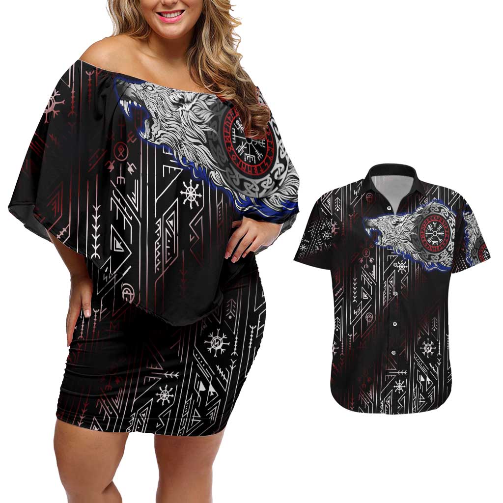 Fenrir Wolf Viking Couples Matching Off Shoulder Short Dress and Hawaiian Shirt with Vegvisir Runes and Red Circle Norse Legend Tribute - Wonder Print Shop