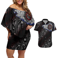 Fenrir Wolf Viking Couples Matching Off Shoulder Short Dress and Hawaiian Shirt with Vegvisir Runes and Red Circle Norse Legend Tribute - Wonder Print Shop
