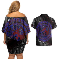 Fenrir Wolf Viking Couples Matching Off Shoulder Short Dress and Hawaiian Shirt with Vegvisir Runes and Red Circle Norse Legend Tribute - Wonder Print Shop