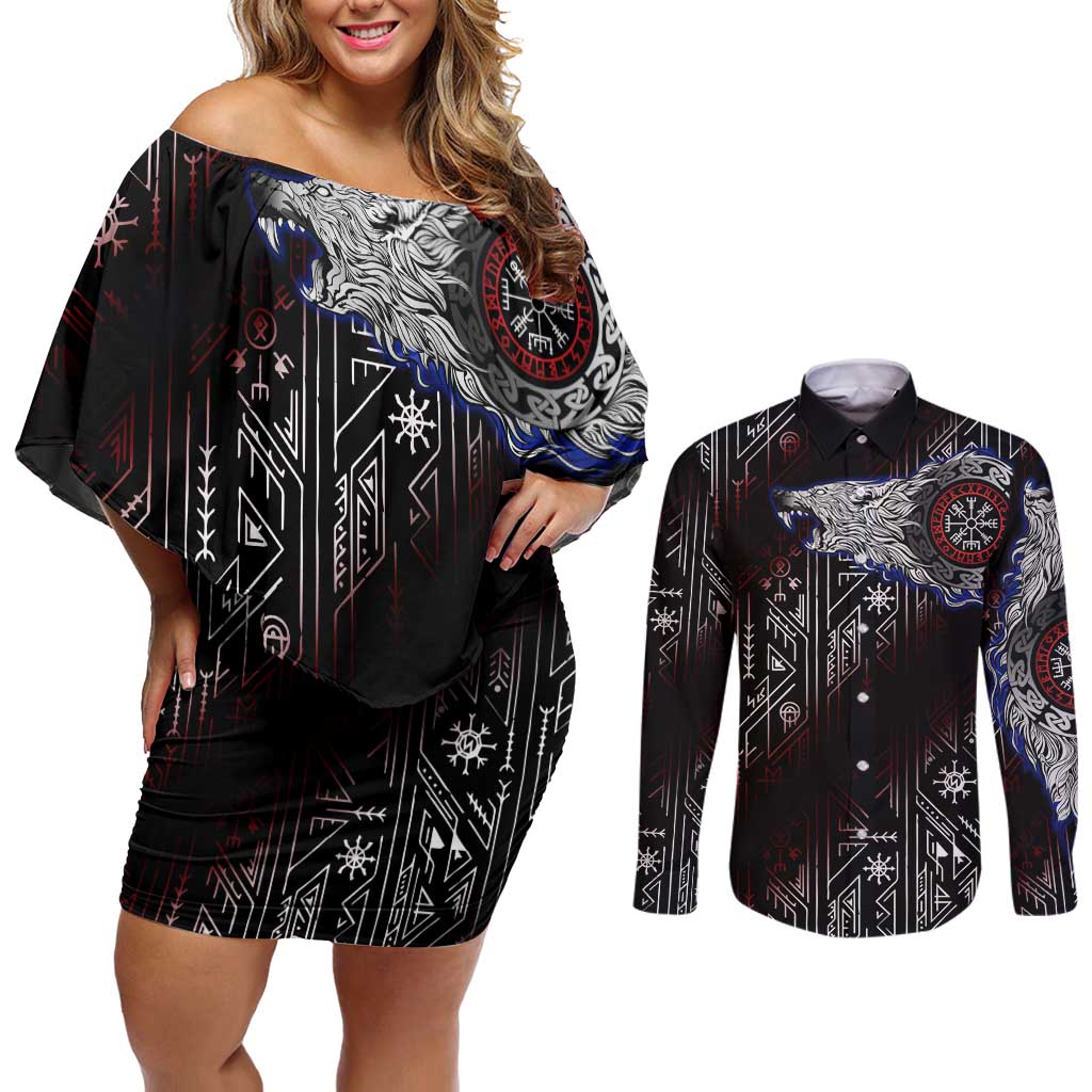 Fenrir Wolf Viking Couples Matching Off Shoulder Short Dress and Long Sleeve Button Shirt with Vegvisir Runes and Red Circle Norse Legend Tribute - Wonder Print Shop
