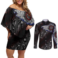 Fenrir Wolf Viking Couples Matching Off Shoulder Short Dress and Long Sleeve Button Shirt with Vegvisir Runes and Red Circle Norse Legend Tribute - Wonder Print Shop