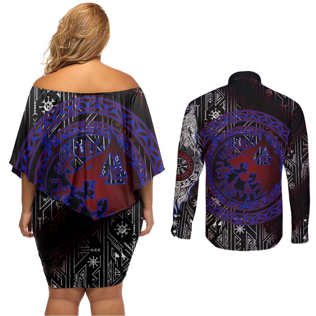 Fenrir Wolf Viking Couples Matching Off Shoulder Short Dress and Long Sleeve Button Shirt with Vegvisir Runes and Red Circle Norse Legend Tribute - Wonder Print Shop