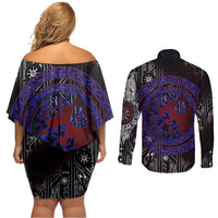Fenrir Wolf Viking Couples Matching Off Shoulder Short Dress and Long Sleeve Button Shirt with Vegvisir Runes and Red Circle Norse Legend Tribute - Wonder Print Shop