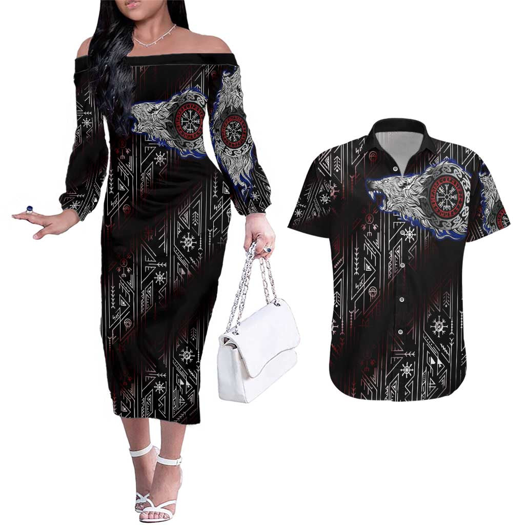 Fenrir Wolf Viking Couples Matching Off The Shoulder Long Sleeve Dress and Hawaiian Shirt with Vegvisir Runes and Red Circle Norse Legend Tribute - Wonder Print Shop