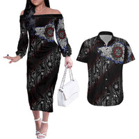 Fenrir Wolf Viking Couples Matching Off The Shoulder Long Sleeve Dress and Hawaiian Shirt with Vegvisir Runes and Red Circle Norse Legend Tribute - Wonder Print Shop