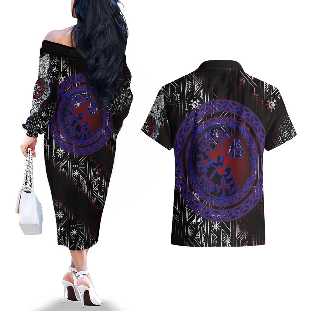 Fenrir Wolf Viking Couples Matching Off The Shoulder Long Sleeve Dress and Hawaiian Shirt with Vegvisir Runes and Red Circle Norse Legend Tribute - Wonder Print Shop