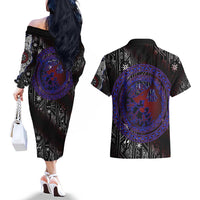Fenrir Wolf Viking Couples Matching Off The Shoulder Long Sleeve Dress and Hawaiian Shirt with Vegvisir Runes and Red Circle Norse Legend Tribute - Wonder Print Shop