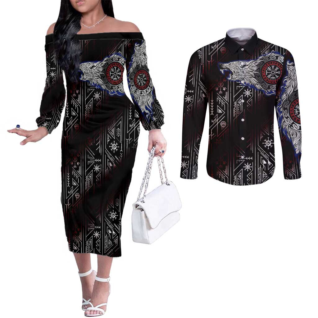 Fenrir Wolf Viking Couples Matching Off The Shoulder Long Sleeve Dress and Long Sleeve Button Shirt with Vegvisir Runes and Red Circle Norse Legend Tribute - Wonder Print Shop