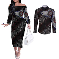 Fenrir Wolf Viking Couples Matching Off The Shoulder Long Sleeve Dress and Long Sleeve Button Shirt with Vegvisir Runes and Red Circle Norse Legend Tribute - Wonder Print Shop
