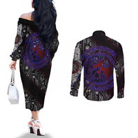 Fenrir Wolf Viking Couples Matching Off The Shoulder Long Sleeve Dress and Long Sleeve Button Shirt with Vegvisir Runes and Red Circle Norse Legend Tribute - Wonder Print Shop