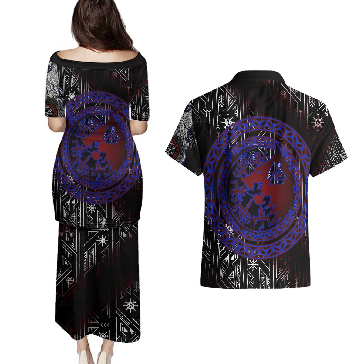 Fenrir Wolf Viking Couples Matching Puletasi and Hawaiian Shirt with Vegvisir Runes and Red Circle Norse Legend Tribute - Wonder Print Shop