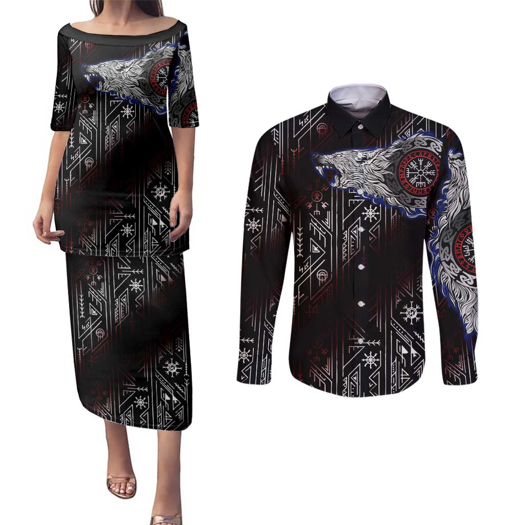 Fenrir Wolf Viking Couples Matching Puletasi and Long Sleeve Button Shirt with Vegvisir Runes and Red Circle Norse Legend Tribute - Wonder Print Shop