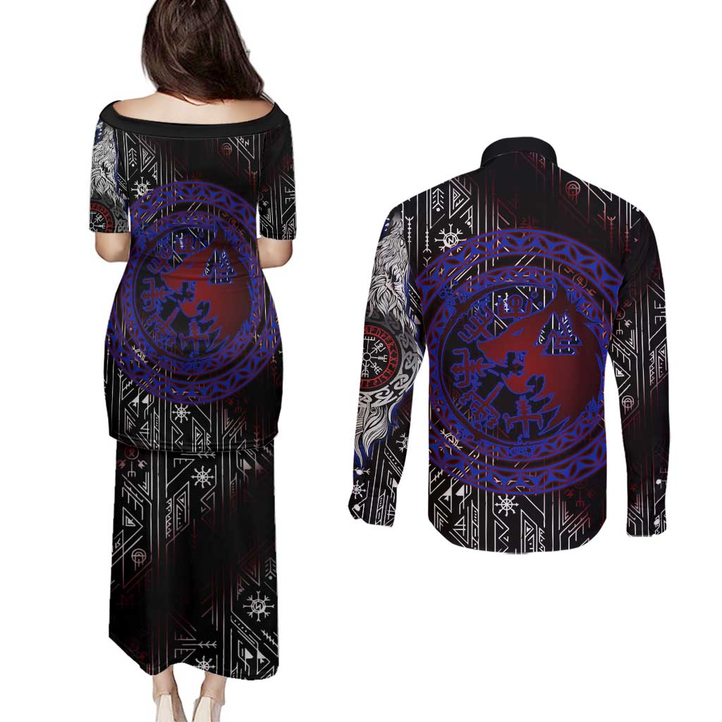 Fenrir Wolf Viking Couples Matching Puletasi and Long Sleeve Button Shirt with Vegvisir Runes and Red Circle Norse Legend Tribute - Wonder Print Shop