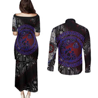 Fenrir Wolf Viking Couples Matching Puletasi and Long Sleeve Button Shirt with Vegvisir Runes and Red Circle Norse Legend Tribute - Wonder Print Shop