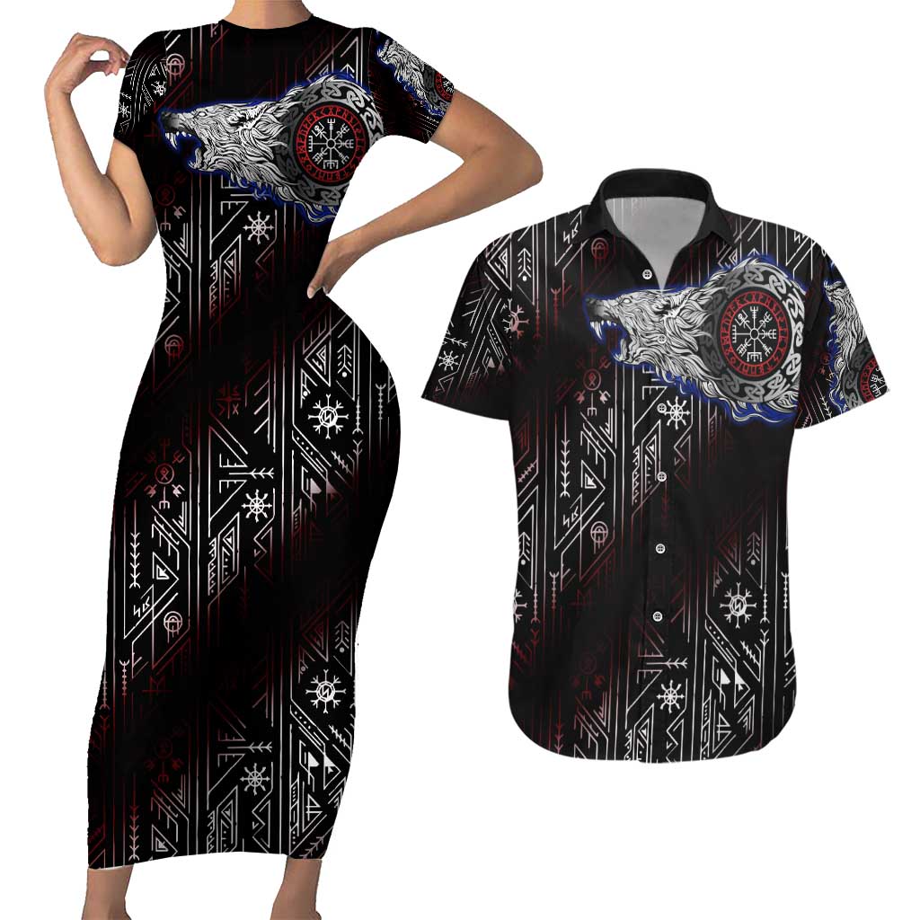 Fenrir Wolf Viking Couples Matching Short Sleeve Bodycon Dress and Hawaiian Shirt with Vegvisir Runes and Red Circle Norse Legend Tribute - Wonder Print Shop