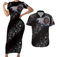 Fenrir Wolf Viking Couples Matching Short Sleeve Bodycon Dress and Hawaiian Shirt with Vegvisir Runes and Red Circle Norse Legend Tribute - Wonder Print Shop