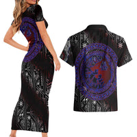 Fenrir Wolf Viking Couples Matching Short Sleeve Bodycon Dress and Hawaiian Shirt with Vegvisir Runes and Red Circle Norse Legend Tribute - Wonder Print Shop