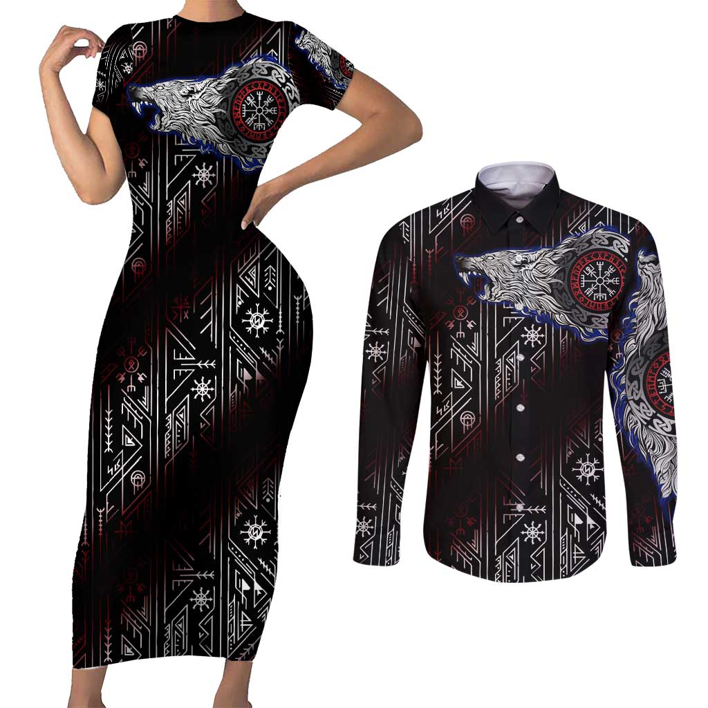 Fenrir Wolf Viking Couples Matching Short Sleeve Bodycon Dress and Long Sleeve Button Shirt with Vegvisir Runes and Red Circle Norse Legend Tribute - Wonder Print Shop