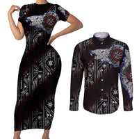 Fenrir Wolf Viking Couples Matching Short Sleeve Bodycon Dress and Long Sleeve Button Shirt with Vegvisir Runes and Red Circle Norse Legend Tribute - Wonder Print Shop